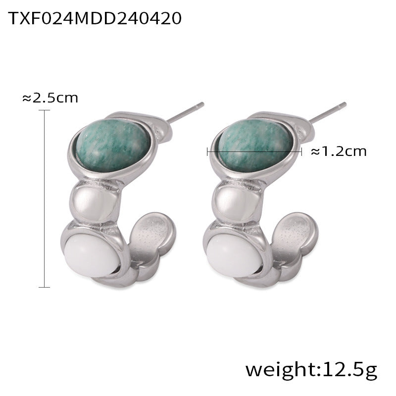 Wholesale Geometric inlaid natural stone stitching round beads titanium steel jewelry set